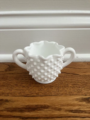 Vintage Fenton hobnail Milk Glass Dish star crimped With Two Handles
