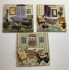 SET of 3- C Winterle Olson VTG Painted 3D Bathroom Tile Wall Art Plaque