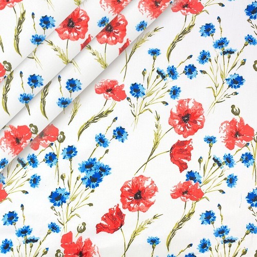 Fiori rosso papavero prato su bianco TESSUTO 100% COTONE al metro - Foto 1 di 2