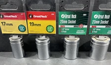 4- Great Neck Chrome Sockets 17mm 19mm 20mm 23mm, 1/2” Drive, 6 Point, Unused