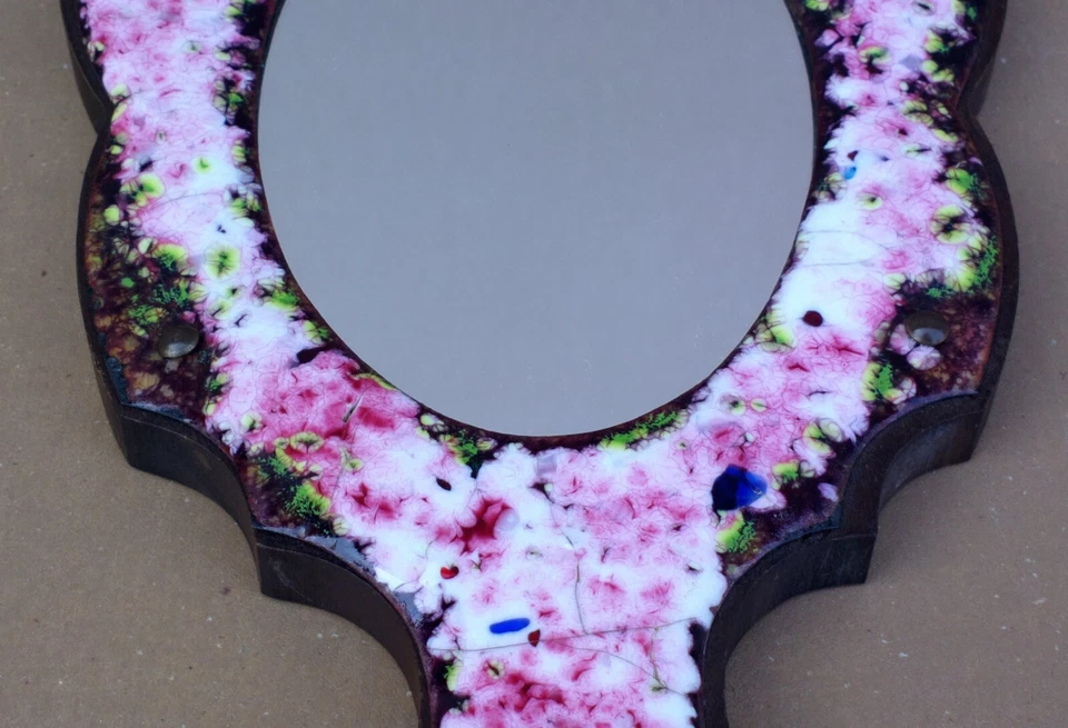 Ancien miroir face à main plaque émaillée sur bois déco coiffeuse salle de bain - Photo 4/4