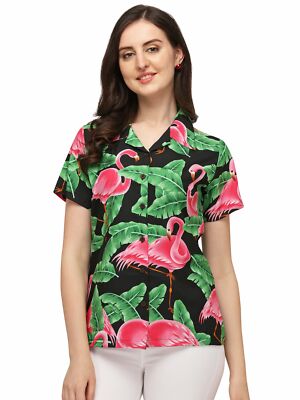 Hawaiian Shirts Womens Big Pink Flamingo Aloha Beach Shirt