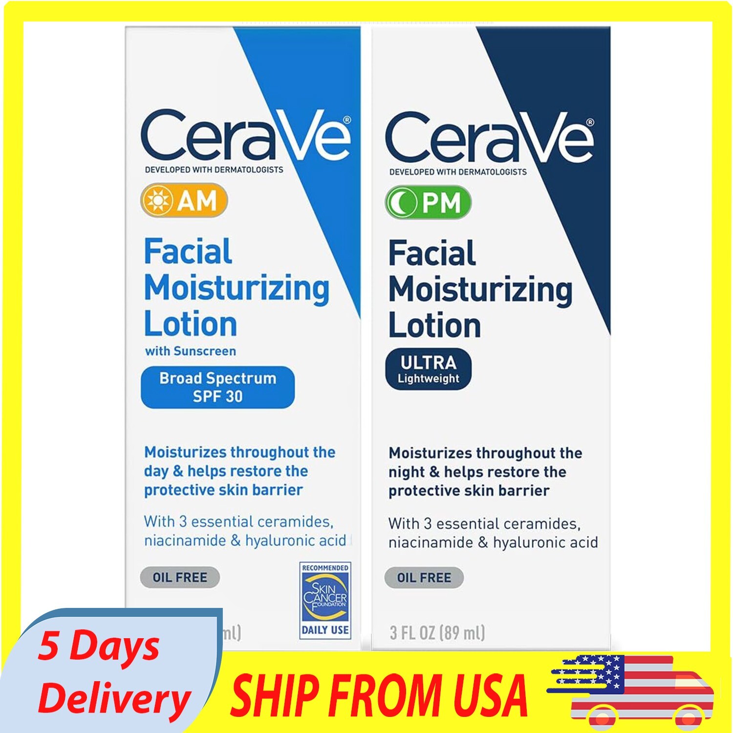 CeraVe Day & Night Face Lotion Set with SPF 30 AM and PM Moisturizers