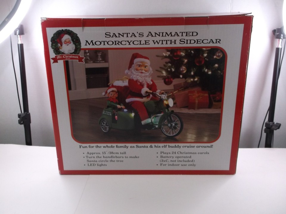 Mr. Christmas Animated Santa On Motorcycle With Sidecar & Elf Lights