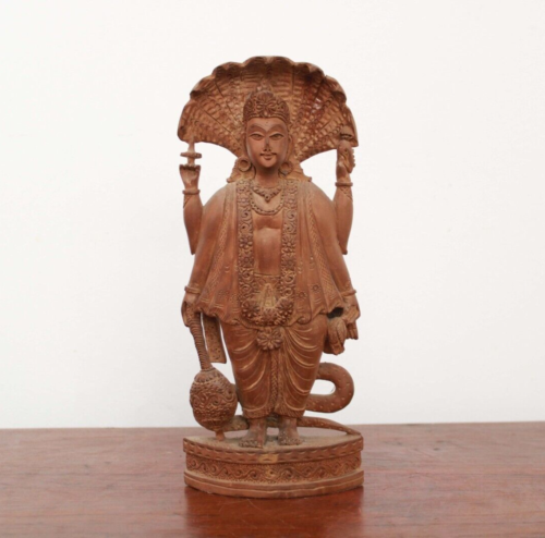 Antique Vishnu Statue Wooden Hindu God Mahavishnu Sculpture Vintage Temple Deity - Picture 1 of 5