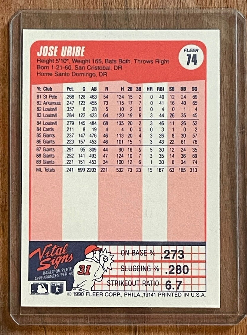 1990 FLEER JOSE URIBE - RARE ERROR BASEBALL CARD. PRISTINE CONDITION. DOB  ERROR