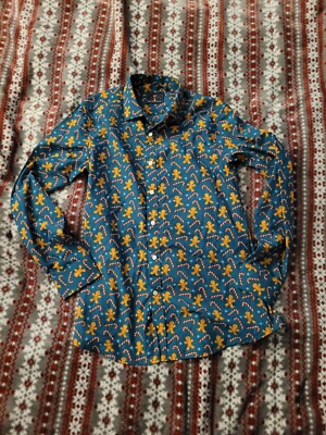 Simon Banks Mens Small Christmas Gingerbread Man Candy Canes Button Down Shirt 