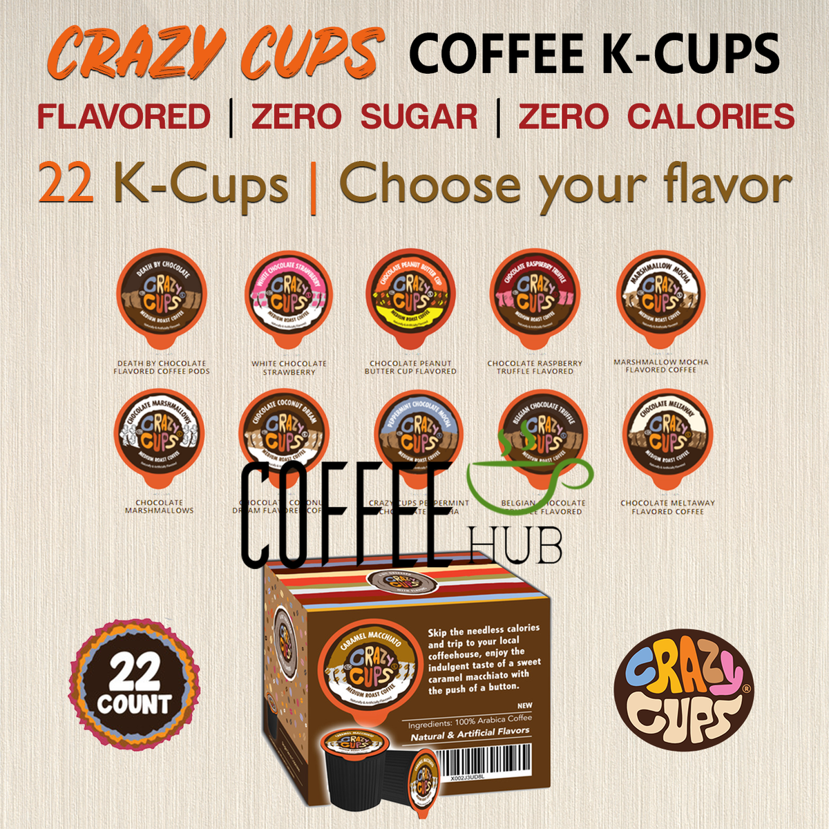 Crazy Cups Coffee 22 Kcups KEURIG Capsules NO CALORIE NO SUGAR lot