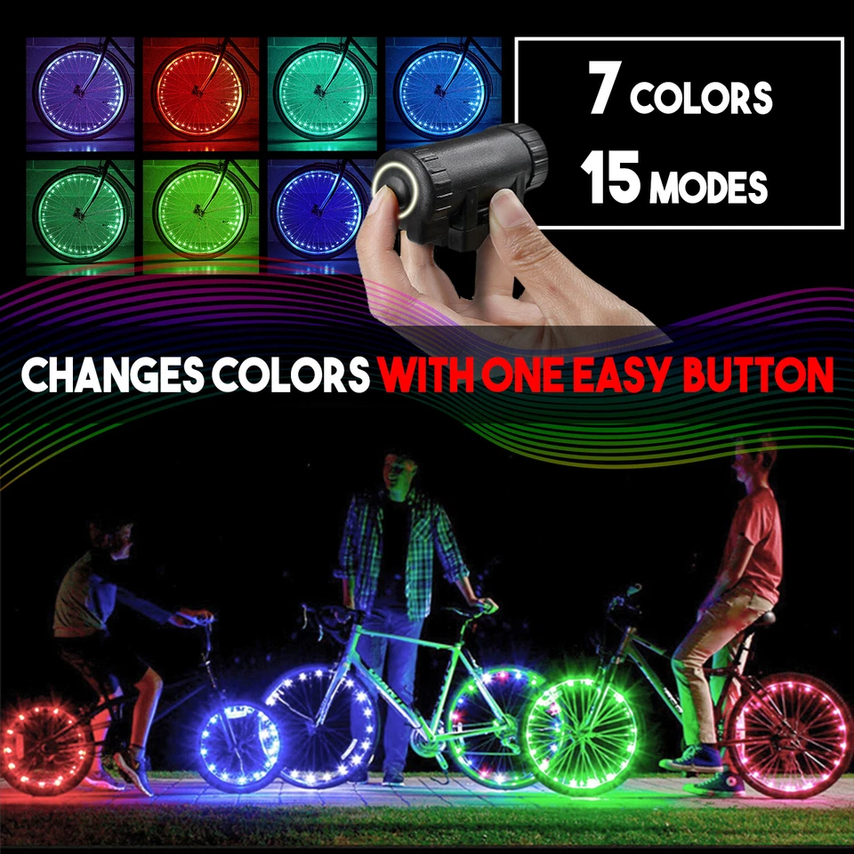 NUEVAS luces de rueda de bicicleta 7 COLORES en 1 cadena LED se adapta a cualquier neumático de llanta de radios Foto 4 de 4