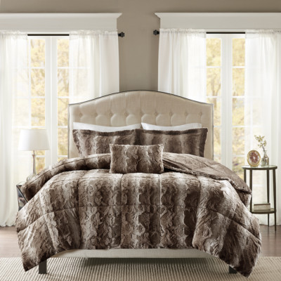 Super Deluxe Grey Brown Silky Chinchilla Faux Fur Comforter Set 4