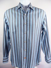THOMAS DEAN Mens Dress Shirt Flip Cuff Long Sleeve Blue Gray Striped Size S - P