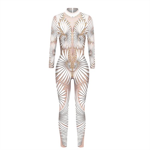 Damen Hallowenn Kostüm Skelett Roboter Cosplay Outfits Langarm Jumpsuit Overalls - Bild 17 von 27