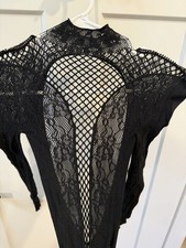 Black Lace Fishnet Teddy Bodysuit Long Sleeve Open Back Lingerie Stretchy NWT