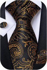 Mens Tie Set Silk Solid Paisley Necktie and Pocket Square Cufflinks Classic Form