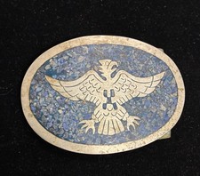 Vintage Mexican Brass Eagle Belt Buckle Blue Stone Inlay Hecho En Mexico