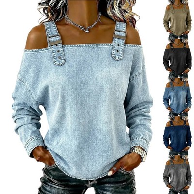 Women's Washed Denim Shirt Stylish Off-the-shoulder Long-sleeved Sexy Jean Tops