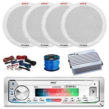 Pyle BT Marine Receiver, Amp w/Kit, 4X 6.5" 400W Speakers White w/ Wire