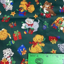 Cranston VIP Print Cotton Green Fabric Christmas Kittens Puppies 1.5 yd