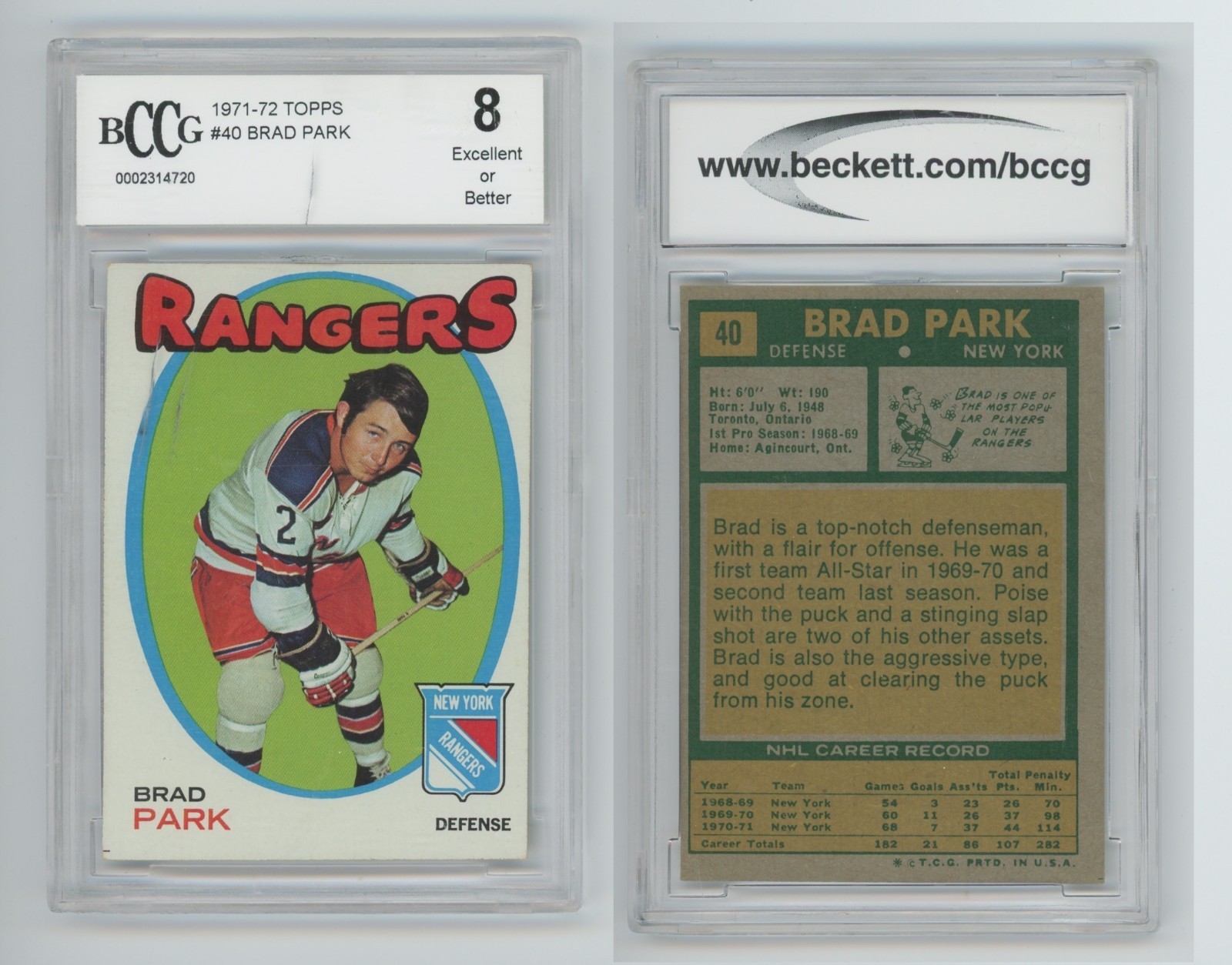 1971-72 Topps Hockey Card #40 Brad Park New York Rangers Beckett 8