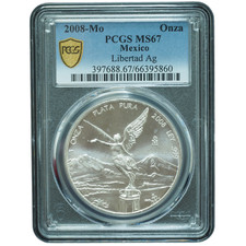 2008-Mo Mexico Libertad 1oz .999 Silver PCGS MS67 *JE