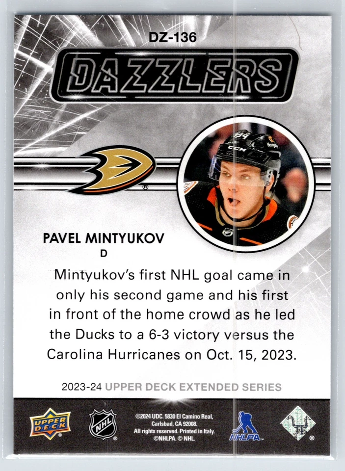 2023-24 Upper deck Extended series Pavel Mintyukov Dazzlers Blue #DZ-136 Rookie - Image 2 of 2