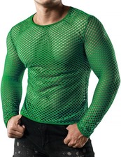 Men's Mesh Fishnet Fitted Long Sleeve Muscle Top Large Grass Green