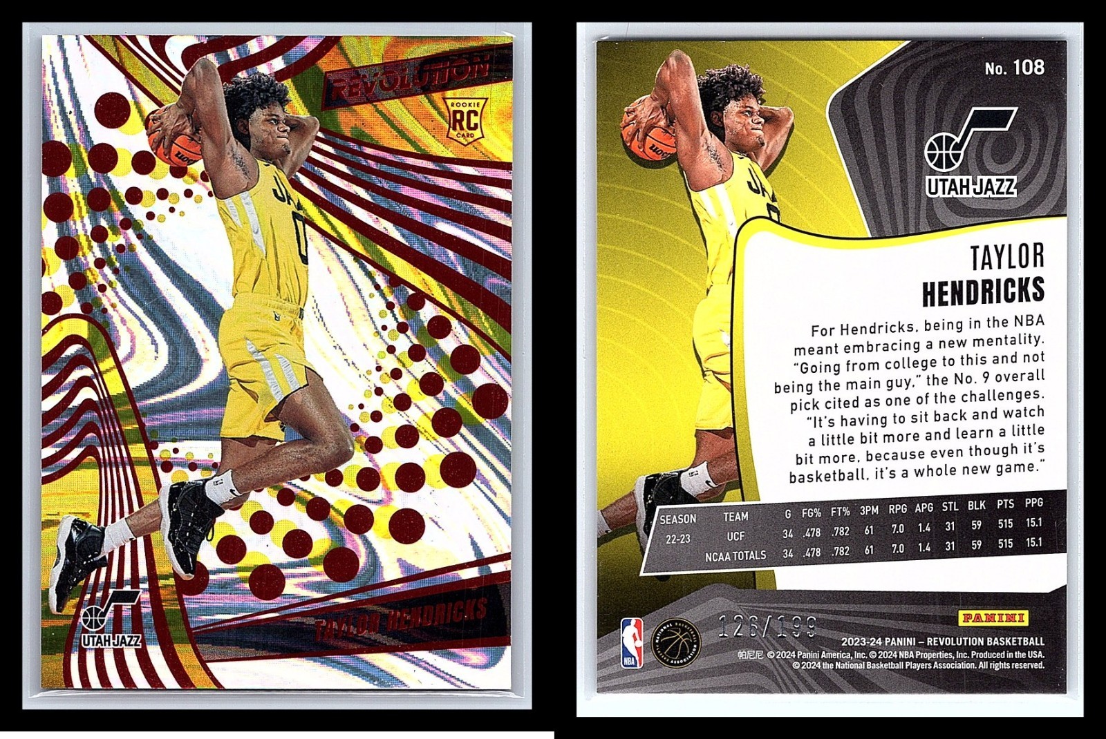 2023-24 Revolution Basketball Red Swirl Taylor Hendricks RC #108 /199 Jazz SP