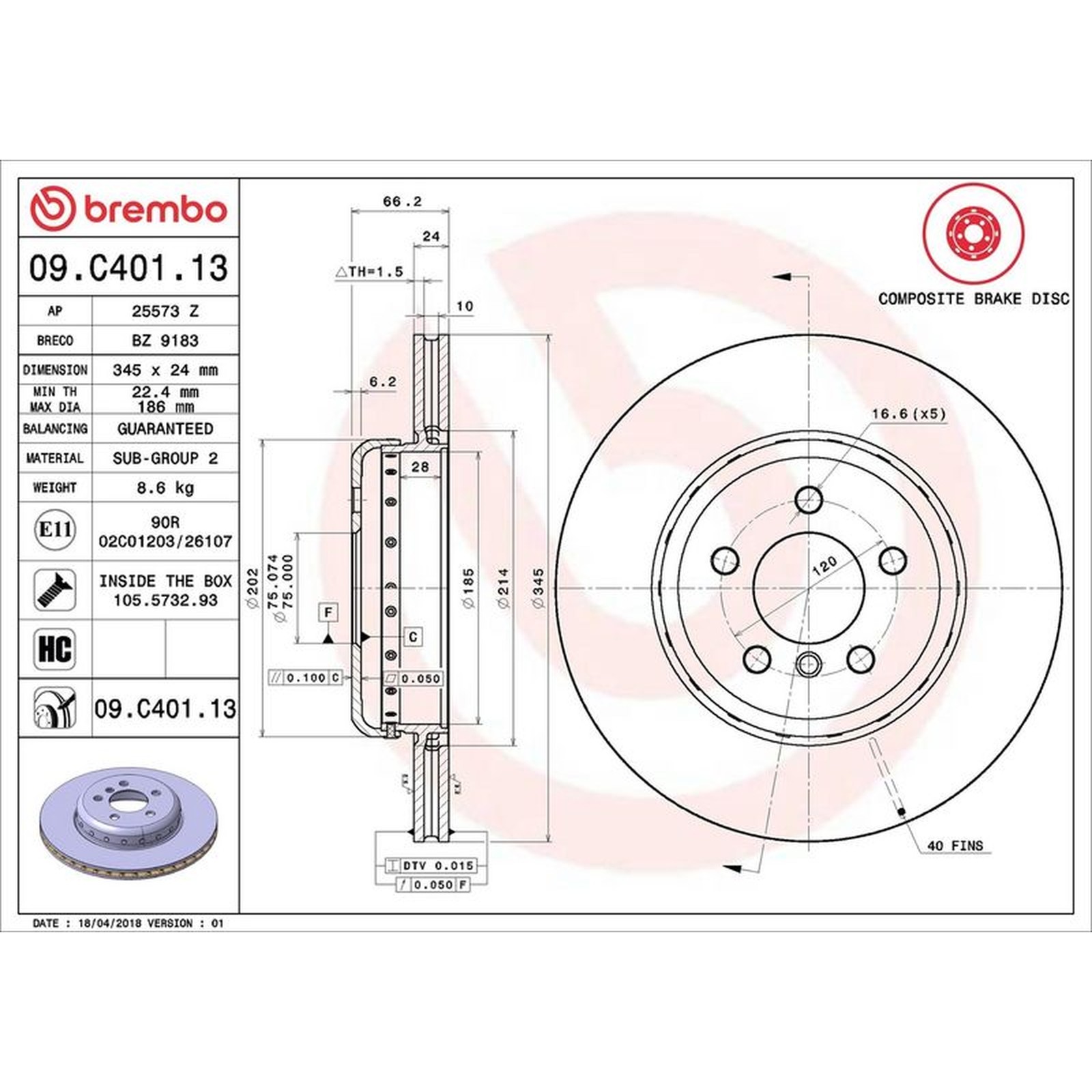 Brembo Prime Line Composite Vented Two-Piece Brake Disc 09.C401.13 Fits BMW