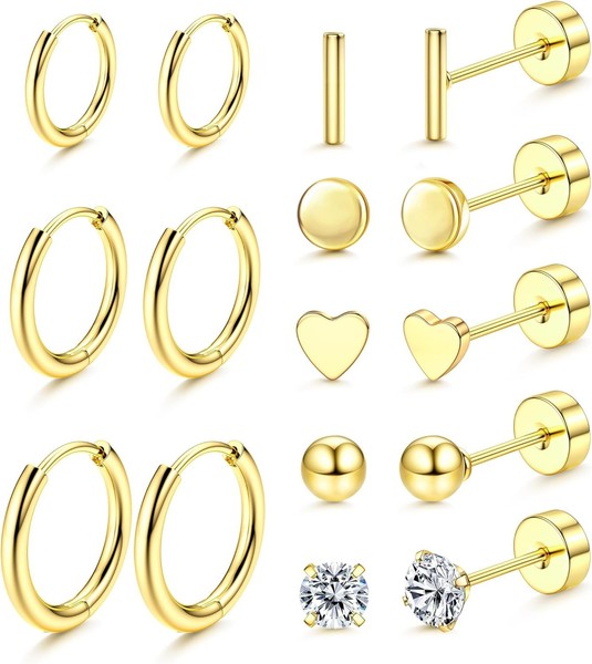 Ohrringe Set 8 Paar Gold Chirurgenstahl Creolen Ohrstecker Hypoallergen Damen-image