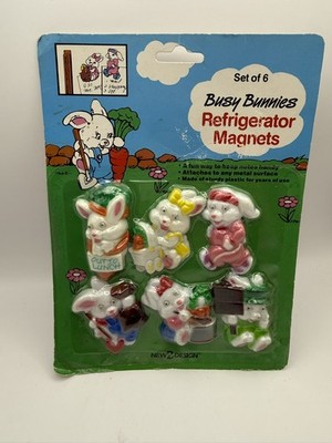 Vintage Busy Bunnies Refrigerator Magnets Set of 6 New Design Kitchen Decor NWT