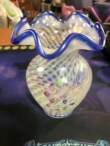 FENTON OPTICS Vase Blue Crest Floral Opalescent Stripe Flower Ruffle Signed