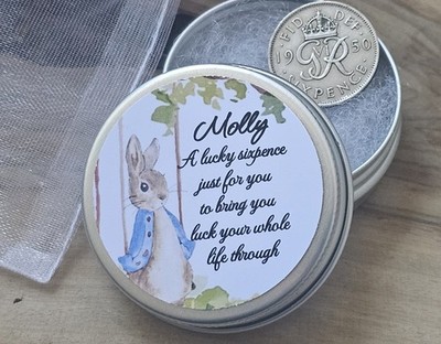 Peter Hase Lucky Sixpence Andenken Geschenk Junge/Mädchen Neu Baby, 1. Geburtstag/Ostern 