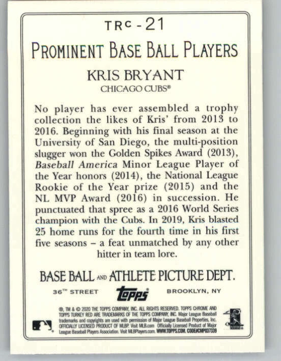 2020 Topps Turkey Red '20 Chrome #TRC21 Kris Bryant (ref 150168) - Image 2 of 2