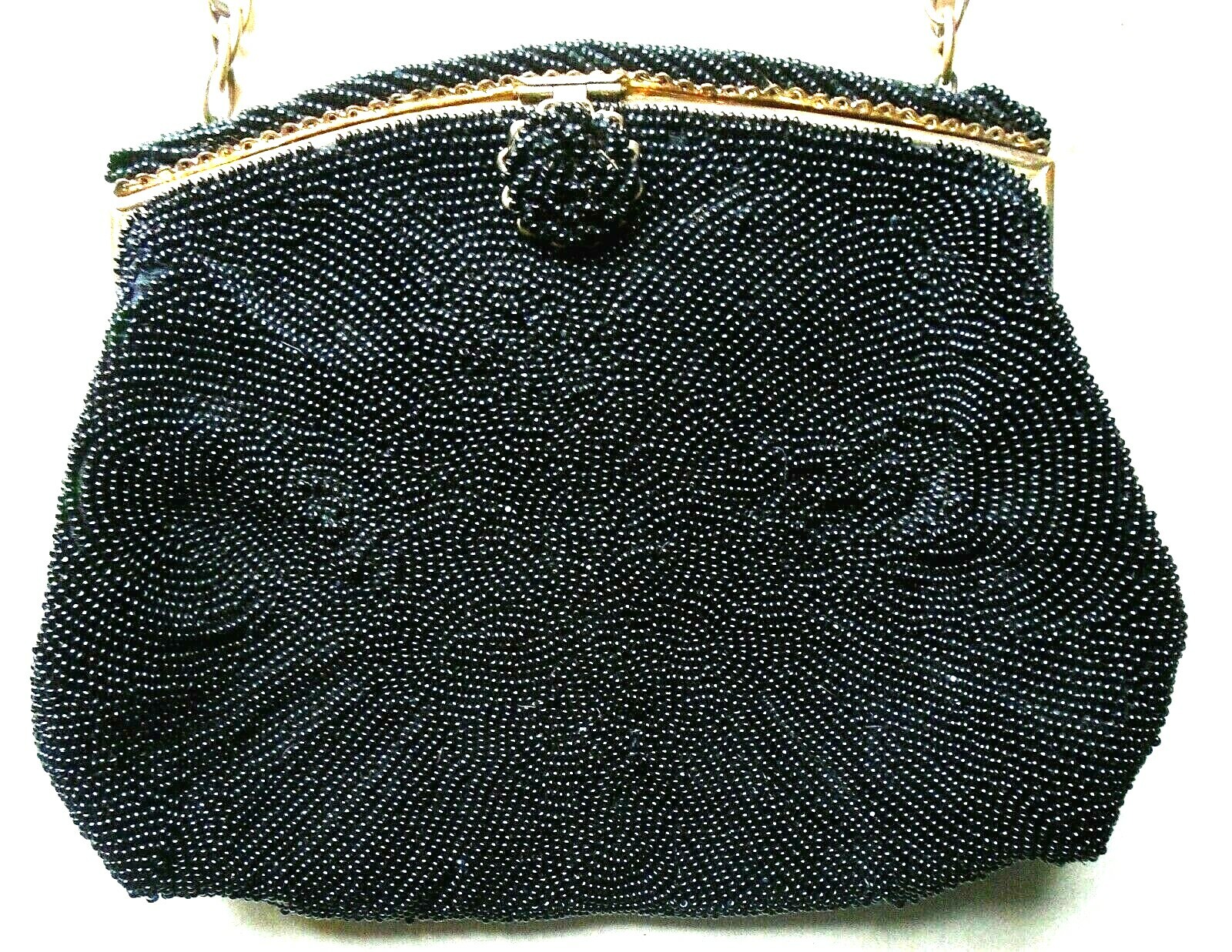 VINTAGE 1940s 50s BLACK BEADED EVENING HANDBAG PU… - image 1