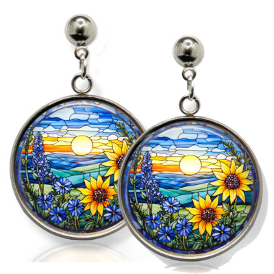 Faux Stained Glass Texas Flowers Bluebonnets Sunflowers Stud Earrings Sunrise