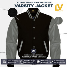 Varsity Letterman Jacket For Men Women  Kids Black Wool Body Gray Sleeves