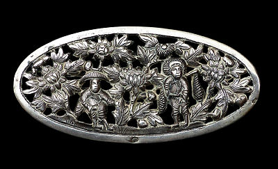 Broche Ancienne Asiatique En Argent Massif - Style Chinois, Occasion, Bijou Vintage