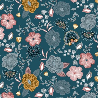 Bunte Blumen auf blauem Boden PVC abwischbare Vinyl Tischdecke KOSTENLOSER VERSAND - Bild 1 von 2