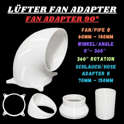 PC Fan Lüfter Adapter Rohr 90° Winkel - 360° drehbar 60, 80, 92, 120, 140mm