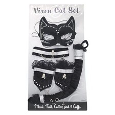DELUXE KATZEN KOSTÜM SET / Karneval Maske Schwanz Totenkopf Halsband Armbänder