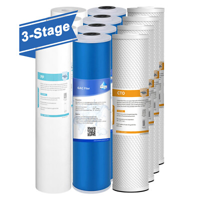 3-Stage 5 Micron 20''x4.5'' Sediment PP GAC CTO Carbon Block Water Filter Big Blue