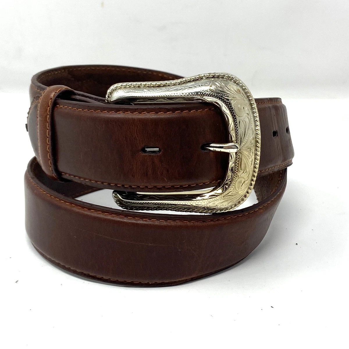 3D DDD Brown Genuine Leather Western Belt Silver Buckle Men’s Sz 32