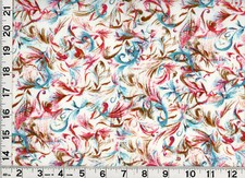 Red Blue Brown Lacy Feathers on White Quilting Sewing Fabric by Yard 513