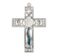 Baptism Cross in Genuine Pewter White & Blue Enamel 6" x 4", U.S. Made, R.C.I.A.