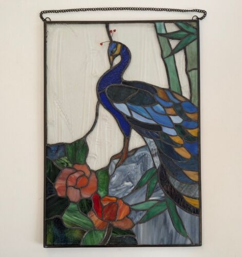 Gorgeous 16" X 11" Vtg Tiffany Style Stained Glass Peacock Sun Catcher Excellent - Picture 8 of 11
