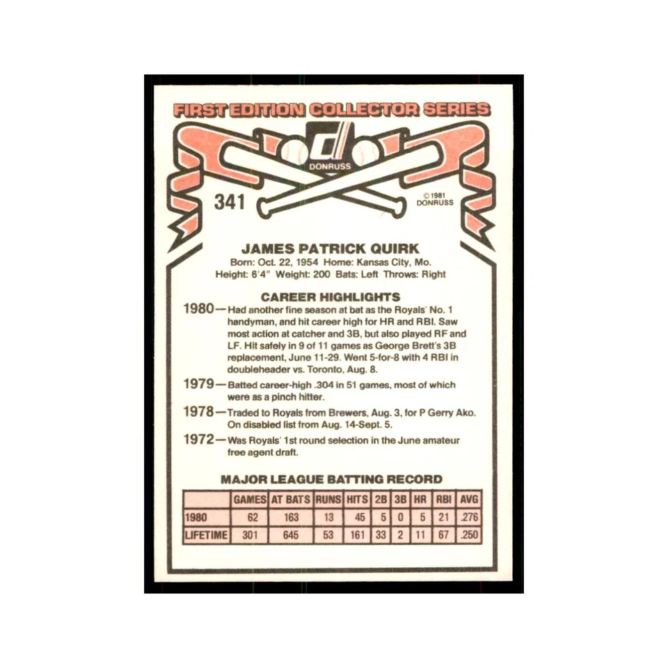 1981 Donruss Jamie Quirk Baseball Cards #341.0 - Image 2 of 3