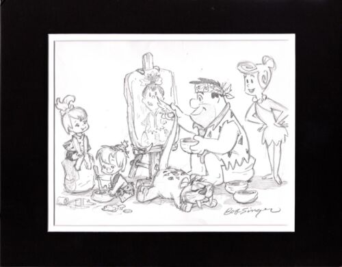 FLINTSTONES Fred Wilma Family Pencil Scene Drawing Signed by Bob Singer - Picture 1 of 2