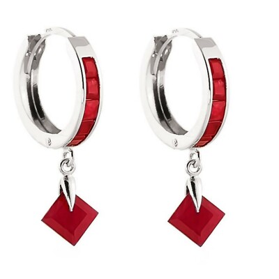 14K. SOLID GOLD HOOP EARRING WITH DANGLING RUBIES (White Gold)