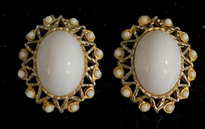 Jules Van Rouge White Cabochon Clip - On Earrings 