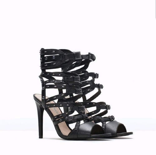 NEW ZARA BLACK LEATHER STRAPPY BUCKLE 